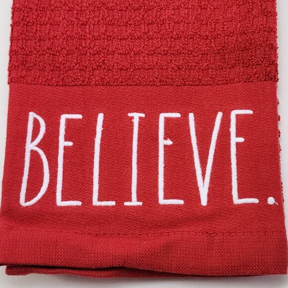 3 Rae Dunn Christmas Red Kitchen Towel Embroidered Peace Joy Believe 100% Cotton - Picture 4 of 9